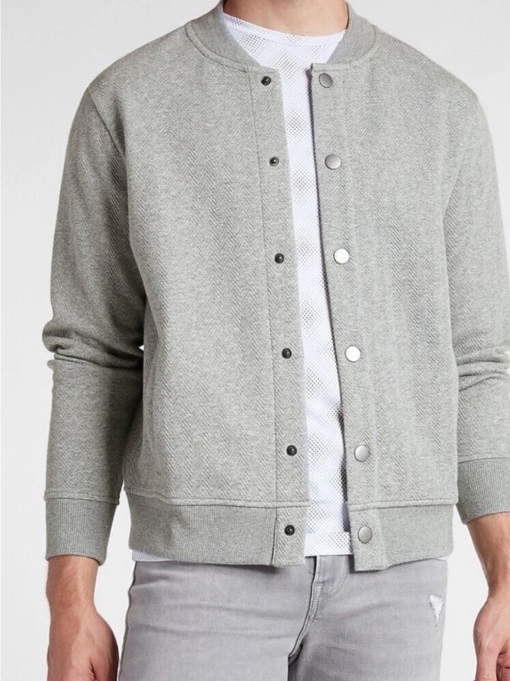 Express Bomber Sweatshirt Jacket Men’s S Gray Textured Knit Varsity Quiet Luxury